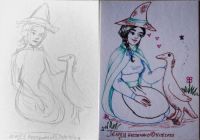 Find your earliest SketchFest and redraw a prompt : Young Country Witch and Goose Familiar